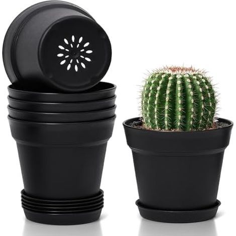 T4U 12,5cm Kunststoff Blumentopf mit Untersetzer, 6er-Set Plastik Übertopf Kräutertopf mit Mehrere Ablauflöchern, Rund Pflanzkübel für Innen und Balkon Sukkulenten Kaktus, Schwarz (1/5)