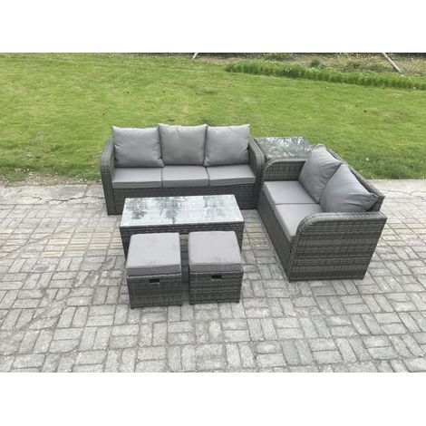 Fimous Outdoor Rattan Garden Furniture Set Patio Lounge Sofa Set with Rectangular Coffee Table Side Table 2 Small Footstools Dark Grey Mixed (1/5)