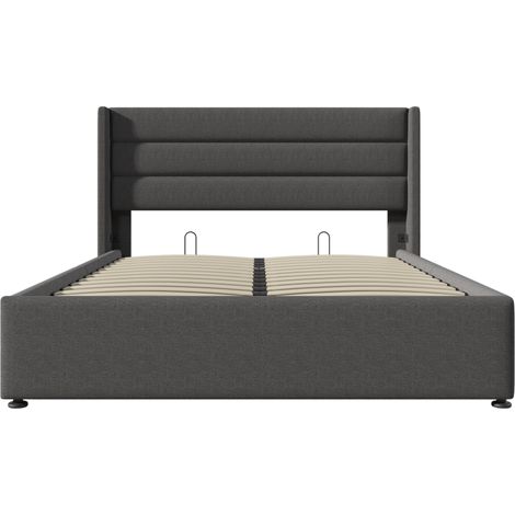 Lit coffre hydraulique capitonné 160 x 200 cm avec matelas, sommier à lattes, gris (1/5)