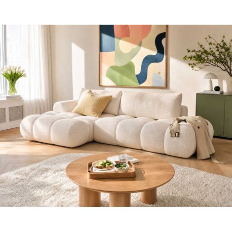 Yulin - canapé d'angle ouvert gauche 4 places convertible avec coffre en tissu bouclette - beige (1/5)
