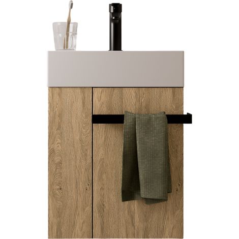 Bernstein – Waschtischunterschrank Gäste-WC COMPACT 450 – Keramik-Waschbecken 45 cm – Offenes Seitenregal – Griff mit Handtuchhalter Schwarz matt – Eiche honiggold (1/5)
