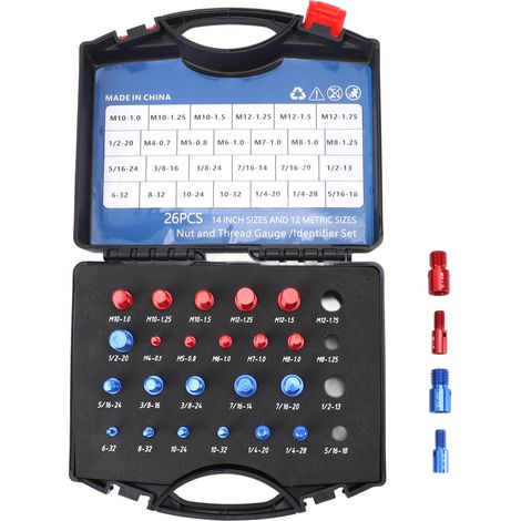 Calibrador de roscas métrico de 12 mm y 14 pulgadas para tuercas y tornillos con estuche para espacios reducidos (rojo/azul) (1/5)