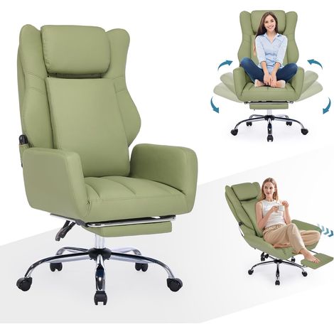 Ergonomischer Bürostuhl mit klappbaren Armlehnen, Chefsessel mit Massagefunktion und ausziehbarer Fußstütze, für Homeoffice und Gaming (grün)