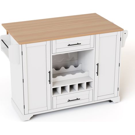 Îlot de cuisine mobile blanc avec plan de travail rabattable, rangement vin, porte-serviettes et tiroirs, 138x45/70x92 cm (1/5)