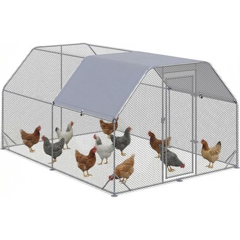 Poulailler, cage à poules accessible à pied avec porte verrouillable, peut contenir 10 à 12 poules, dimensions : 280 cm x 380 cm x 195 cm, gris.