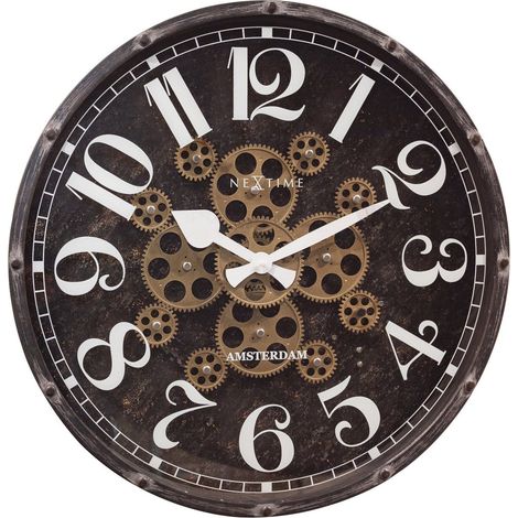 Horloge murale avec engrenages mobiles style industriel en métal et verre noir et blanc 50 cm - PANGIVO (1/5)