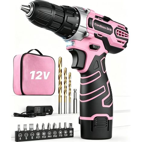 Perceuse Visseuse Sans Fil 12V Rose, Visseuse Devisseuse, Sac de Rangement, 15 Accessoires et Batterie, 25Nm, 18+1 Réglages de Couple, 2 Vitesse, Rose, pour la Bricolage (1/5)