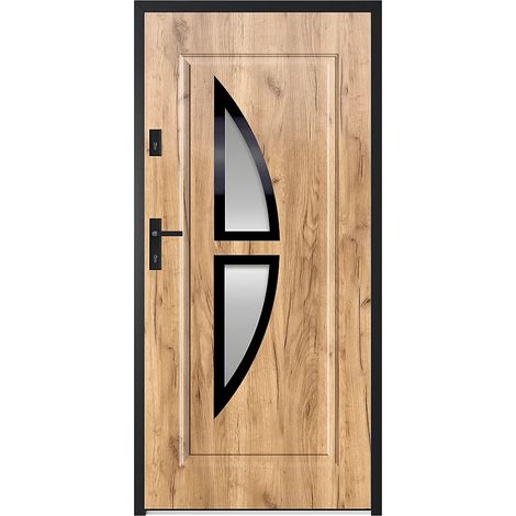 Porte d'entrée en acier vitrée et inox H207 x L100 cm effet chêne - épaisseur 55 mm - poussant droit - COVAS (1/4)