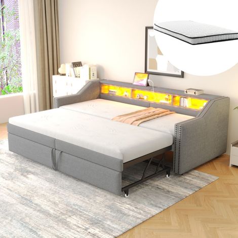 Ensemble sommier et matelas-lit extensible-LED-USB-rangement-lattes-clair-102x214x74cm et 90x200x12cm (1/5)