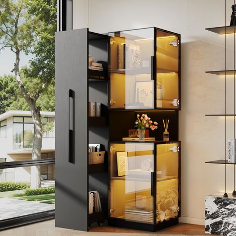 Vetrina 70x38x160 cm - Grande mobile contenitore multifunzionale 2 in 1 con libreria scorrevole e LED - Nero (1/5)