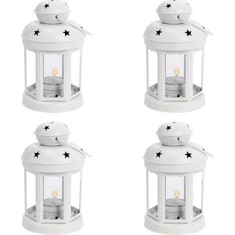 Lot de 4 lanternes chandeliers suspendues en métal, porte-bougies chauffe-plat, chandeliers, idéales pour les mariages, la maison et les fêtes, blanches. (1/5)
