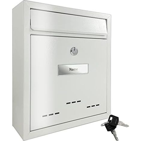 2218 Modern Mailbox, Metal, Nameplate & Cover, Lockable, Fixing Hardware & 2 Keys, White (1/5)