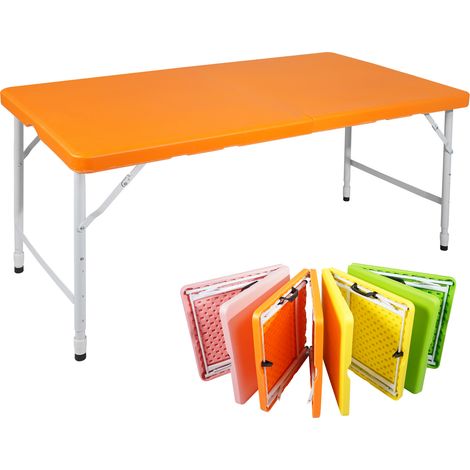 Table pliante portable 125 cm avec poignée, hauteur réglable, structure en acier, plateau en plastique haute densité orange (1/5)
