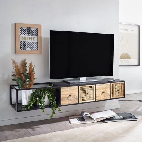 Meuble TV mural 4 tiroirs 150x35x25 cm en manguier massif et métal (1/5)