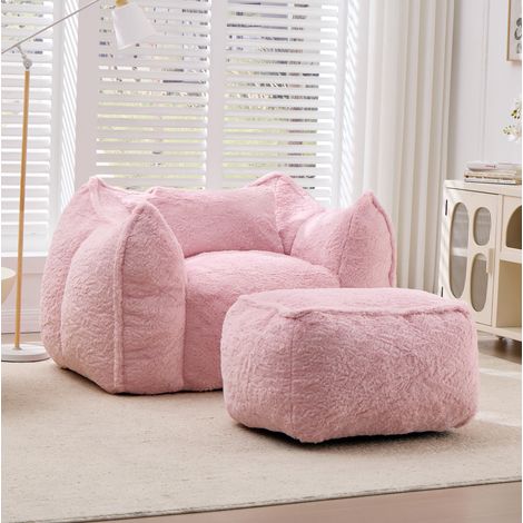 Fauteuil poire 123x157x73 cm rose avec repose-pieds, fausse fourrure et mousse, MEUBLIV (1/5)