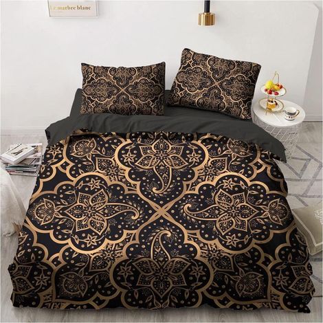 Bettwäsche-Set 200x220cm Schwarz Gold Mandala Muster Mikrofaser mit Reißverschluss