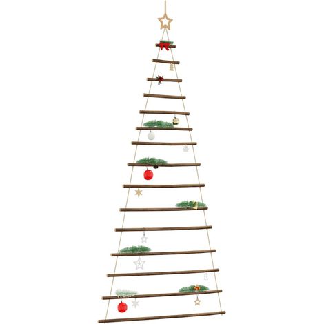 Sapin de Noël suspendu mural en bois naturel avec étoile et corde de chanvre 100 x 210 cm - PANGIVO (1/5)