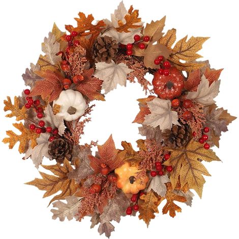 Couronne d'automne Couronnes de récolte de feuilles d'érable pour porte d'entrée Décoration artificielle extérieure et intérieure avec crochet pour jardin, appartement, école, ferme, hôtel (1/5)