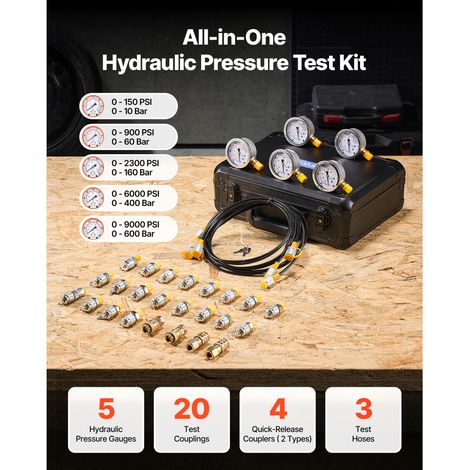 Kit diagnostic pression hydraulique 10/60/160/400/600 Bar (150/900/2300/6000/9000 PSI), 5 manomètres 20 raccords 4 embouts rapides 3 flexibles pour pelle engins BTP (1/5)