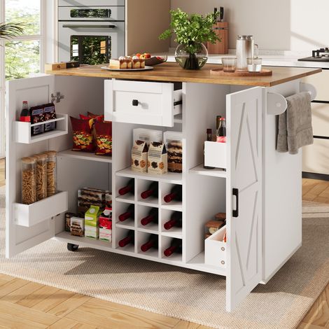 Îlot de cuisine moderne avec rangements étagères et placards extensibles, finition bois, table multifonction