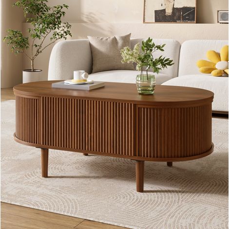MODFU – Table basse ovale 100x48 cm – Plateau relevable – Rangement – MDF/pin – Noyer (1/5)