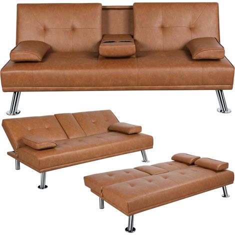 Yaheetech Divano Letto con 2 Braccioli Staccabili Divano Trasformabile Mobile Imbottito a 3 Posti Divanetto Reclinabile da Salotto con Supporto Centrale Porta Bicchieri Marrone/Finta Pelle (1/5)