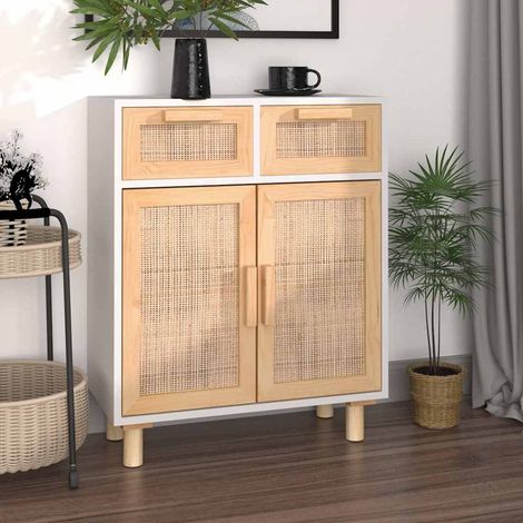 Aparador madera maciza pino y ratán natural blanco 60x30x75 cm (1/4)