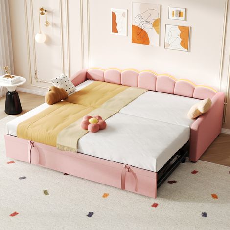 Pink Velvet Upholstered Daybed with RGB LED Lighting & Trundle - 90x190cm 3ft Petal Shape Sofa Bed, Pull-Out Guest Bed for Living Room/Bedroom/Study, No Mattress