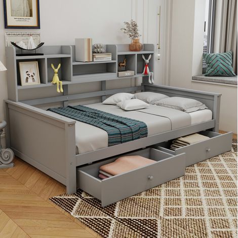Sofá cama de madera gris 90x200 cm con cajones, estantes laterales y somier de láminas (1/5)