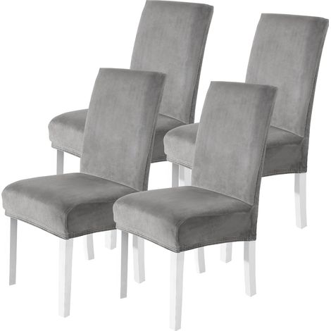 Housse De Chaise Velours 4 Pièces, Universel Housse De Chaise Salle À Manger Extensible, Protection Chair Cover Epaisse pour Hotel, Restaurant, Banquet, Cuisine, Gris Clair (1/5)