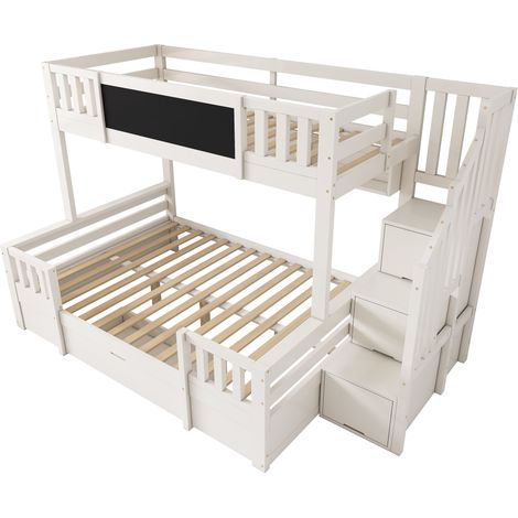 Lit superposé pour 3 enfants 90x200 & 140x200 en bois massif avec tableau noir, escalier de rangement, tiroirs et armoire-échelle, lit superposé/ lit mezzanine robuste pour adolescent, blanc