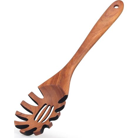 Cuillère à pâtes en bois d'acacia, fourchette à spaghetti de 32 cm (12,5 pouces), spatule à pâtes. (1/5)