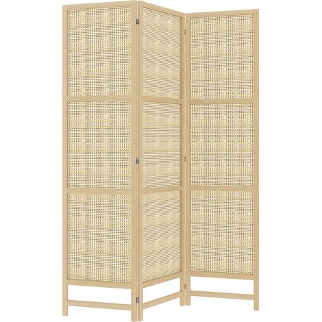Paravent pliant 3 panneaux en bois de pin et rattan synthétique 135 x 180 cm pour séparation de pièce (1/5)