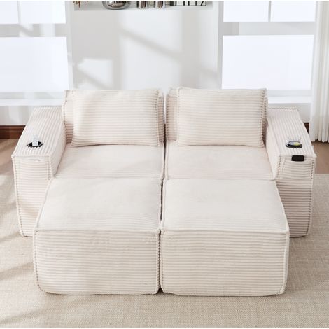 Sofá modular de 2 plazas (188x162x75 cm), con portavasos, bolsillos laterales, espuma y muelles, tejido de pana beige (1/5)