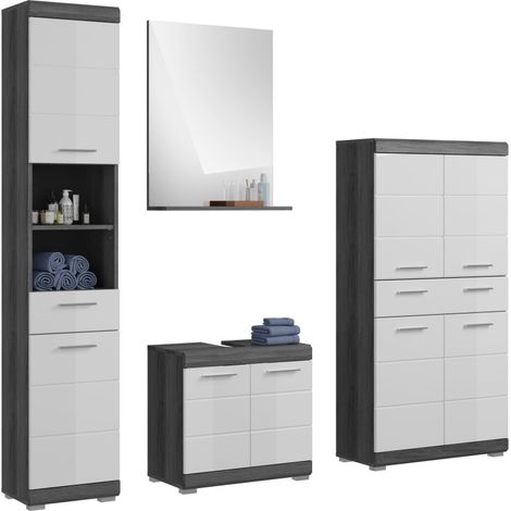 Set bagno SCOTT - Mobile sottolavabo, specchio, mobiletto e colonna - Grigio scuro e bianco