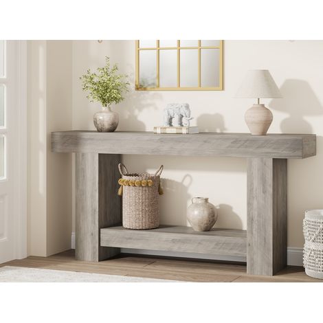 Table console longue 160cm bois massif, 2 niveaux, Meuble d’entrée rustique pour, salon ou canapé, Montage facile, gris (1/5)