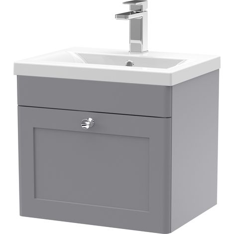 Nuie Classique Satin Grey 500mm Wall Hung Single Drawer Vanity Unit and 40mm Profile Basin - CLC291D (1/5)