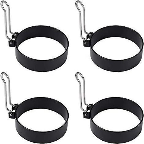 4 moules à œufs ronds antiadhésifs avec poignées pliables en acier inoxydable pour œufs au plat, œufs pochés, mini-crêpes et crumpets (noir) (1/5)