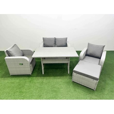 Fimous Light Grey PE Wicker Rattan Garden Furniture Set Sofa Set Reclining Chair Rectangular Dining Table 5 Seater With Footstool (1/4)