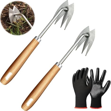 Désherbeur Manuel avec Gants Arrache Mauvaise Herbe  Acier Inoxydable Outil de Désherbage avec Manche, Arrache Pissenlit pour Désherbage, Creuser, Jardin Pelouse Jardinage