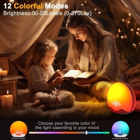 Sveglia Simulazione Alba, Radio FM, 5 Suoni Naturali, 2 Allarmi Riposo, 12 Colori, 20 Livelli Luce, Lampada Notte Bambini (1/4)