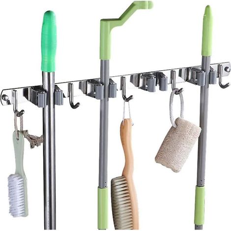 Support mural gris en acier inoxydable pour balai et serpillière, avec 4 pinces et 5 crochets - Organisateur de rangement mural pour cuisine et jardin (1/5)