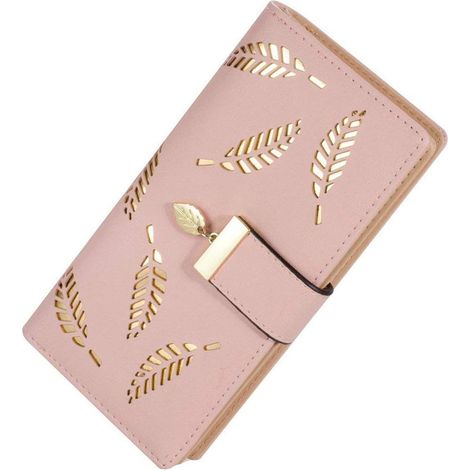 Portefeuille long zippé en cuir avec feuilles découpées (rose) (1/2)