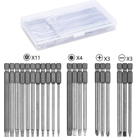 Jeu d'embouts de tournevis 21 pièces, embout de 100 mm de long, T6-T40, 6 pans 3-6 mm, Phillips PH2, fente 4-6 mm, tige hexagonale 1/4", acier S2 (1/4)
