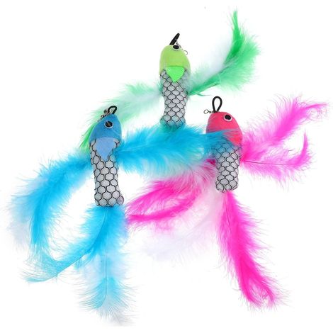 Jouet pour Chaton en Peluche Forme de Poisson 3 Pièces Plume Artificielle, Accessoire de Bâtonnet à Chat pour Jeu et Exercice, Facile à Ranger et Soulage L'ennui Couleur Aléatoire (1/5)