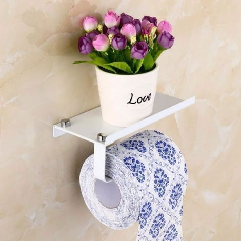 Porte-Papier Toilette Mural - - Argent - Support avec Étagère - Acier Inoxydable - Sans Perçage (1/4)