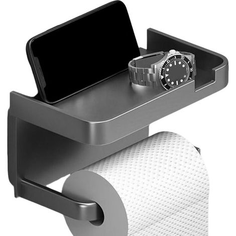 Toilet Paper Holder, Sticky Paper Towel Roll Dispenser, Bathroom Organizer with Phone Holder, Gray 7.09 x 4.41 inches (1/5)