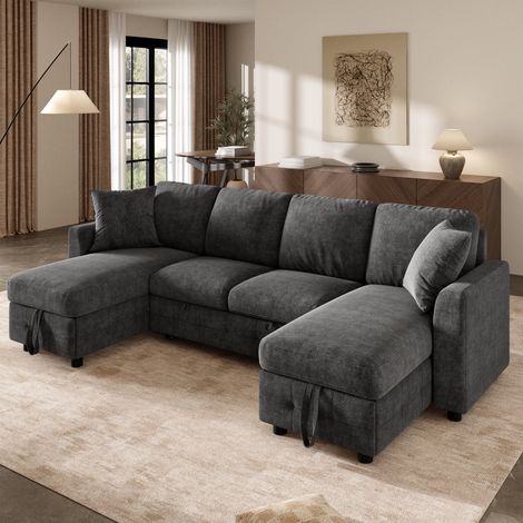 Canapé d’angle convertible XL 4 places avec rangement, canapé en U en chenille avec USB Type-C et porte-gobelets Gris foncé, 260 x 128 x 82 cm (1/5)