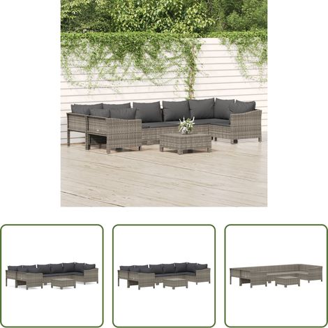 vidaXL Canapé en rotin poly - Salon de jardin 8 pcs avec coussins Gris Résine tressée (1/5)