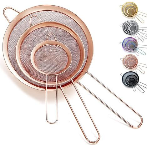 3-teiliges roségoldenes Feinmaschensieb, Kupfermehlsieb zum Backen, Edelstahlsieb, Saucentrenner, Nudelsieb